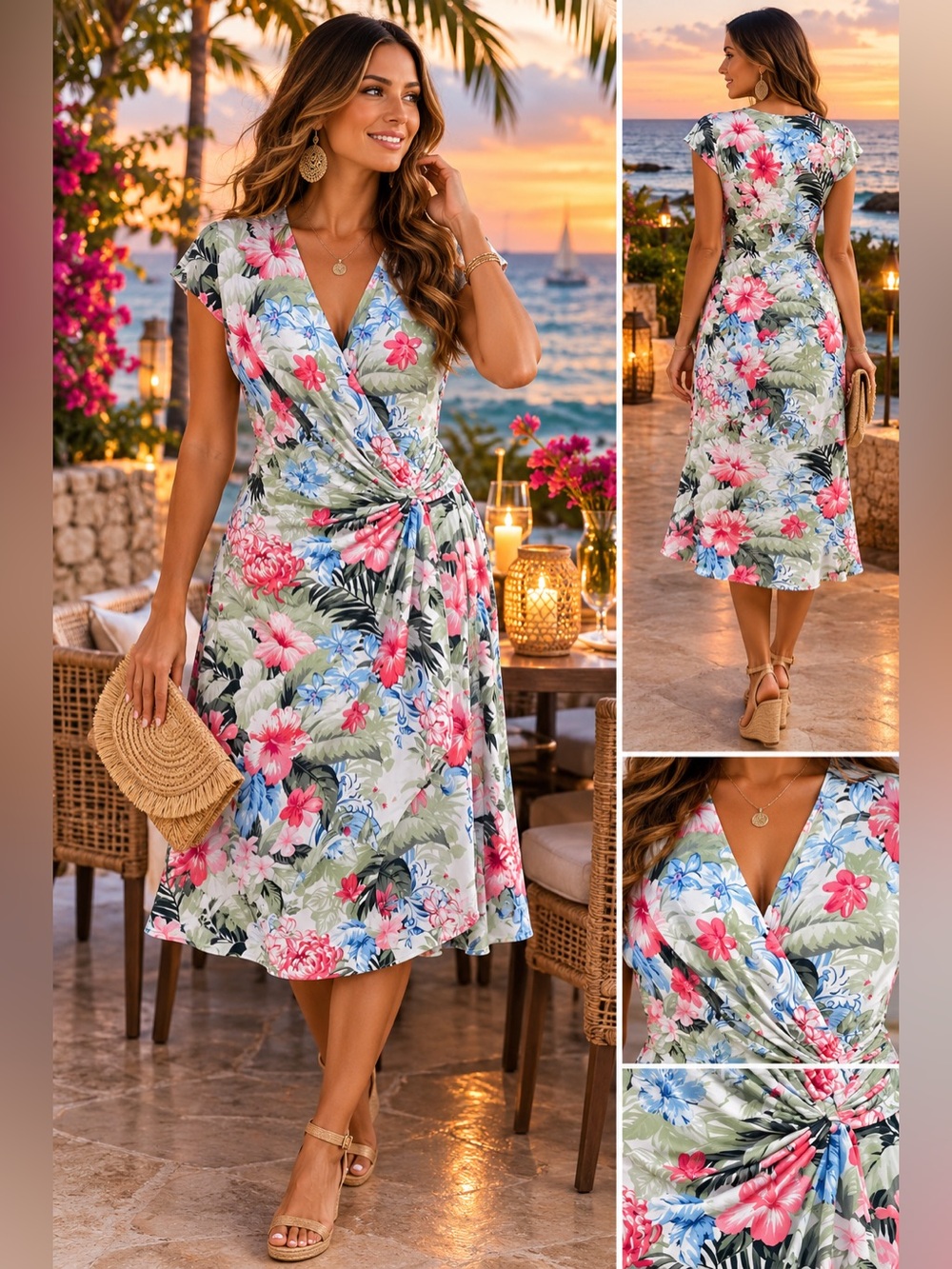 Tommy Bahama Clara Royal Botanic Faux-Wrap Dress Pink Green Like New
